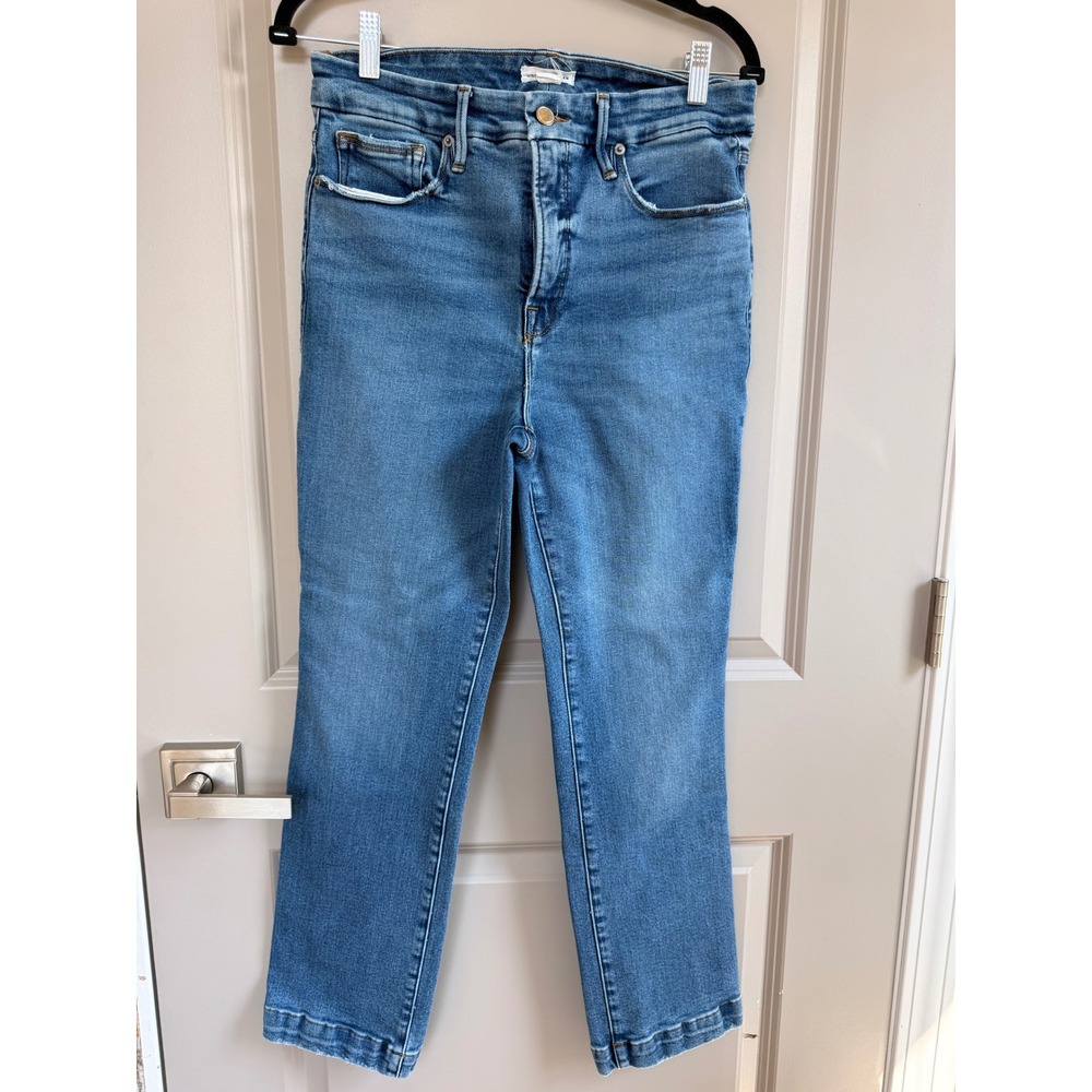 Good American Good Straight High Rise Raw Hem Jeans Blue Medium Wash 10 30